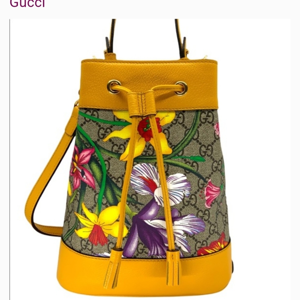 🌼 GUCCI 🌼Ophidia Flora Small GG Canvas Bucket Bag Yellow - Picture 5 of 13